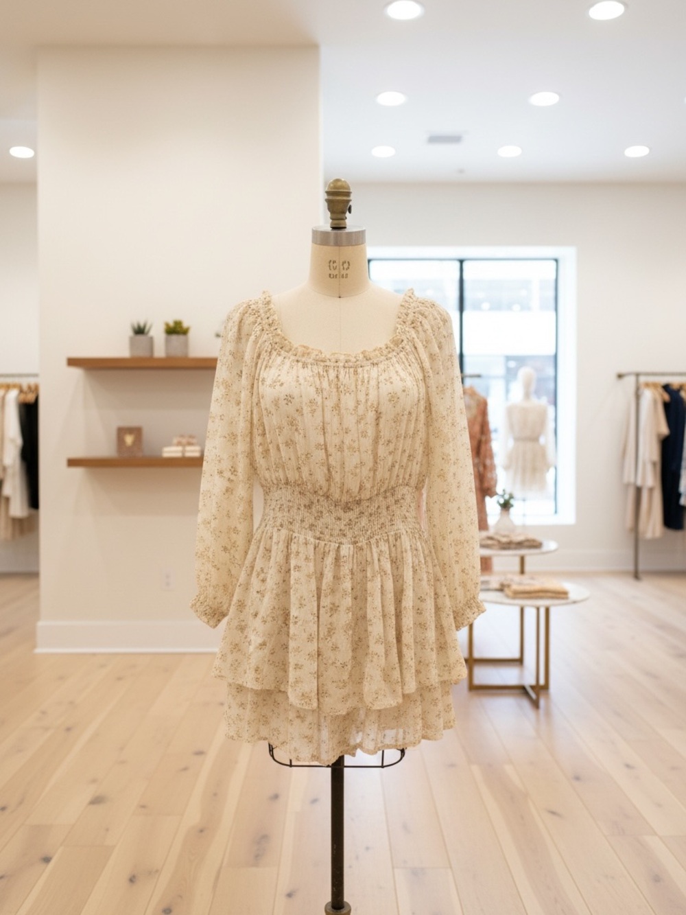 American Eagle Outfitters Cream Floral Tiered Ruffle Short Romper with 3/4 sleev - Picture 4 of 10